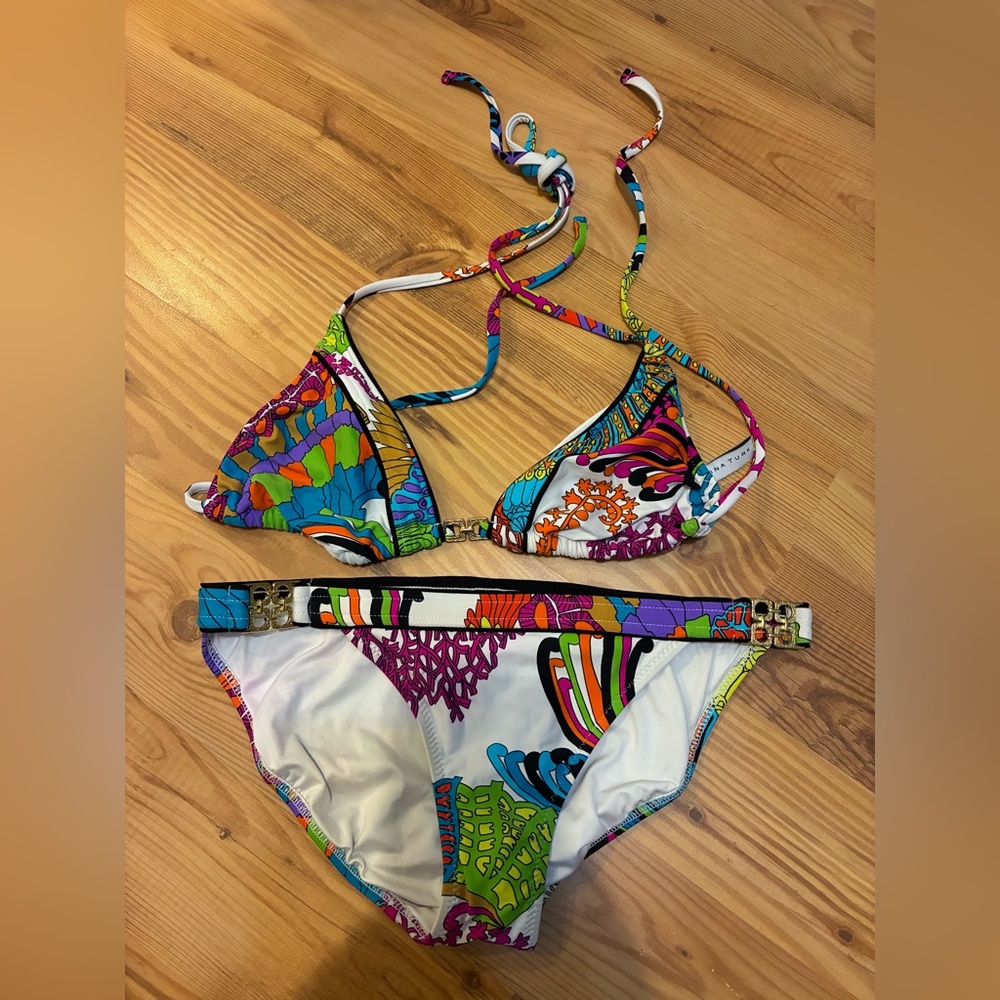 Trina Turk White and Floral-Trim Bikini Sz   S /M